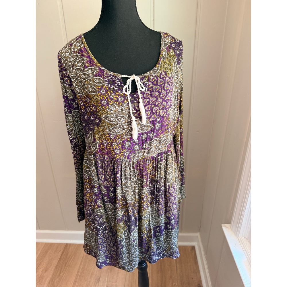 Sun & Shadow Purple Paisley Tassel Boho Mini Dress Medium Long Sleeve